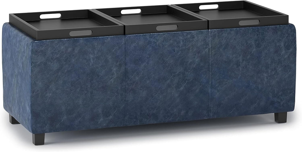 SIMPLIHOME Avalon Storage Ottoman - 42 inch Wide Upholstered Vegan Leather Rectangular Flip-Top Ottoman in Denim Blue, Contemporary Coffee Table Ottoman for Living Room with Hidden Storage