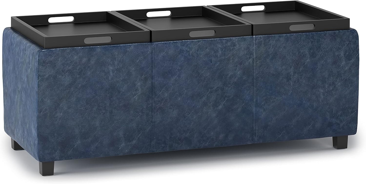SIMPLIHOME Avalon Storage Ottoman - 42 inch Wide Upholstered Vegan Leather Rectangular Flip-Top Ottoman in Denim Blue, Contemporary Coffee Table Ottoman for Living Room with Hidden Storage