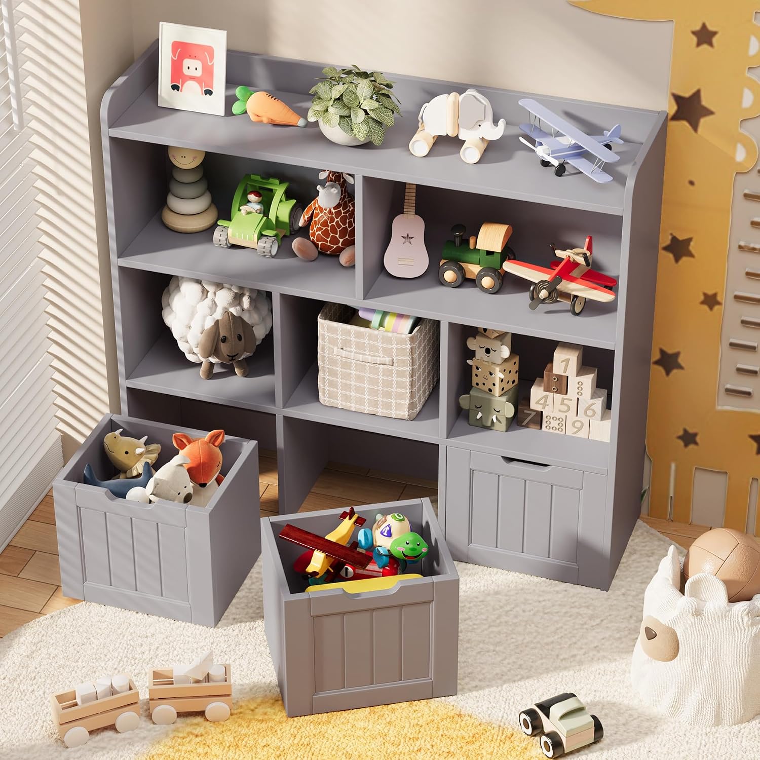 Gizoon Toy Storage Organizer with 3 Movable Drawers and 6 Open Shelves Kids Bookshelf Featuring Fall Prevention Barrier for Playroom Nursery Kids Room Organization, Gray, Painted