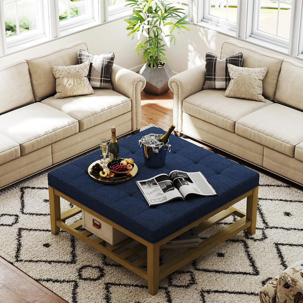 Befurtori Large Square Ottoman Coffee Table, Linen Solid Upholstered Footrest Ottoman with Solid Wood Shelf Storage Tufted Coffee Table for Bedroom Living Room, Navy Blue