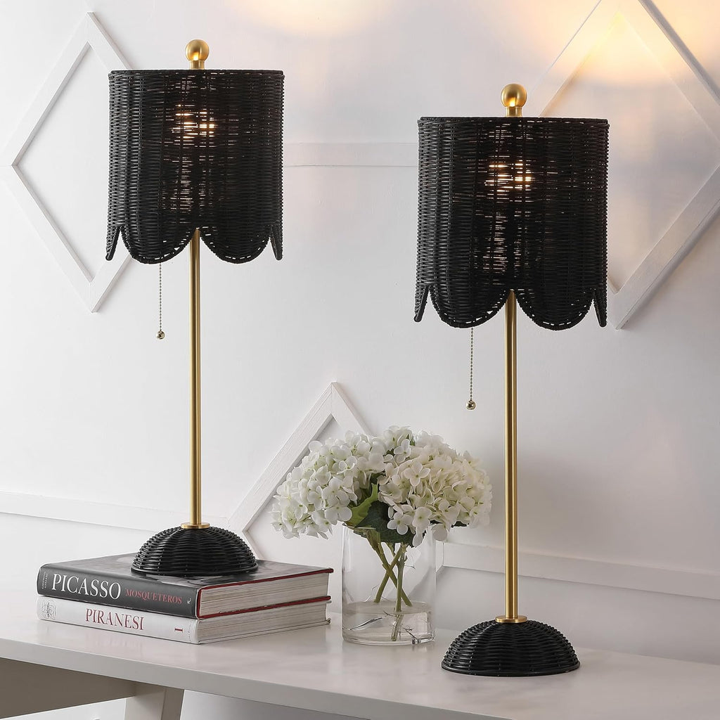 JONATHAN Y 27.5' Black/Brass Gold Coastal Buffet Table Lamp Set of 2 for Bedroom, Boho Table Lamps with Natural Rattan Scalloped Shade, Pull Chain, LED Bulbs Included (JYL1138C-SET2)