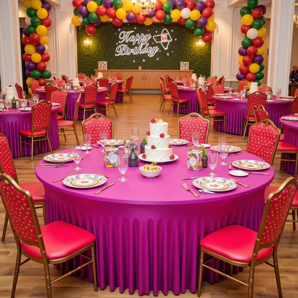 leegleri 6 Pack 72inch Spandex Hot Pink Round Tablecloth, Stretchy 132inch Fitted 6FT Round Table Cloths, Wrinkle Free Table Cover with Skirt for Wedding Birthday Party Bridal Shower Banquet