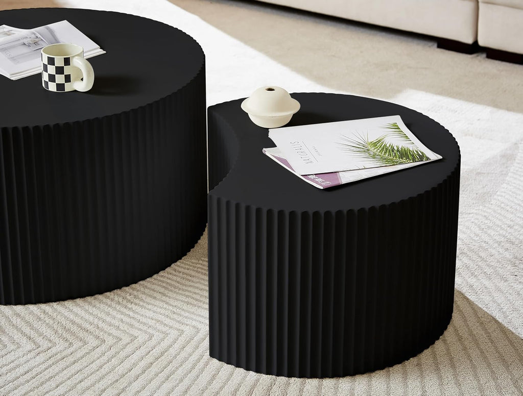 JUSTONE Nesting Coffee Table Set of 2, Modern Matte Black Round Drum Side Tables - Space-Saving End Tables for Living Room, Apartment, Bedroom (Black)