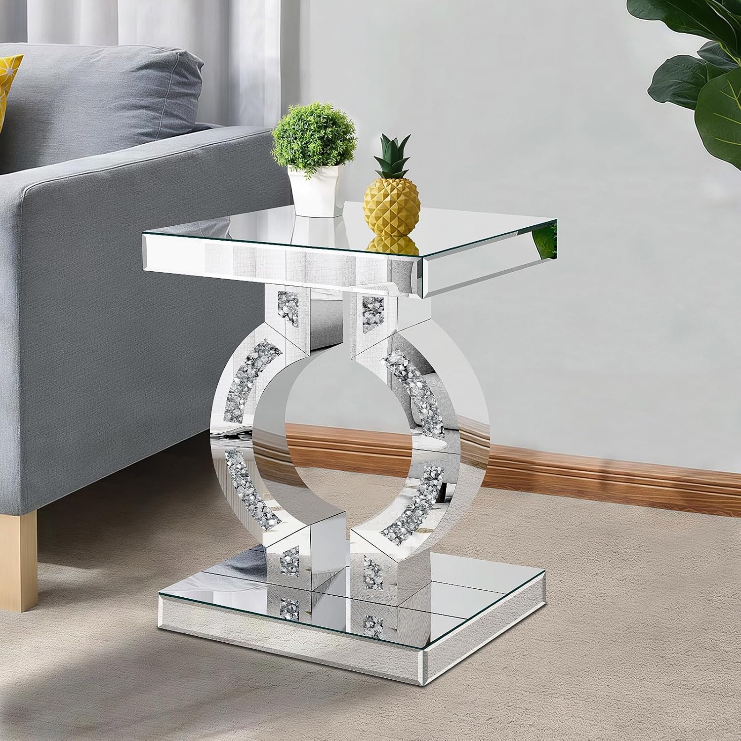 Crushed Diamond Mirrored End Table, Silver Side Accent Table, Small Mirrored Coffee Table for Living Room, Bedroom, 16'x12'x23'