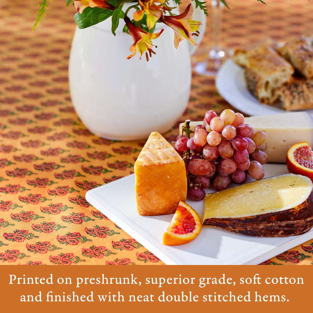 Saffron Marigold Round Hand Block Printed Tablecloth - Orange Indian Summer Luxurious 100% Cotton, Washable, for Home Decor, Kitchen, Coffee Or Dining Table 90 Inch