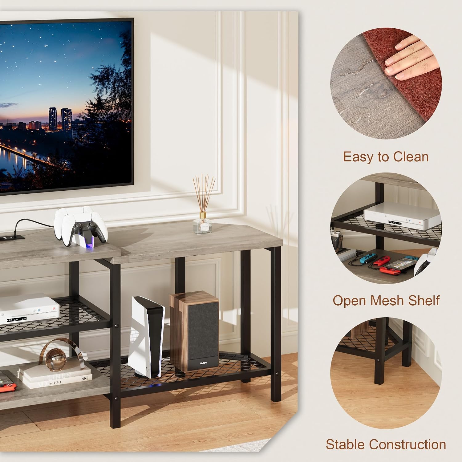 Corner TV Stand,with Power Outlets,Led Strip,67 Inch Large Entertainment Center,3-Tier Open Storage Shelves, Media TV Console Table for Living Room, Bedroom,Grey