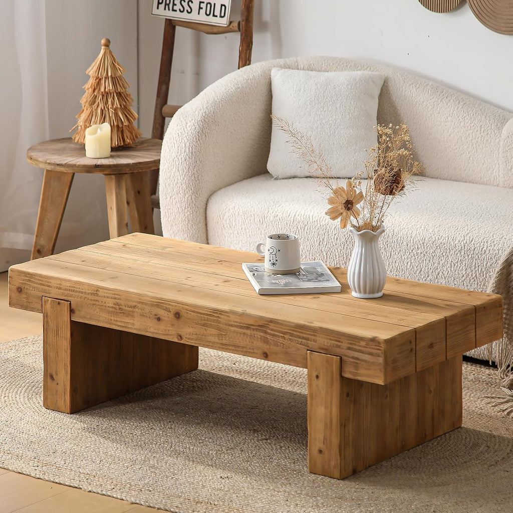 Rustic Wooden Coffee Table for Living Room, Mid Century Modern Coffee Table Rectangle Center Table, Farmhouse Solid Wood Tea Table for Office Apartment (47.64''L × 20.87 ''W × 14.17''H)