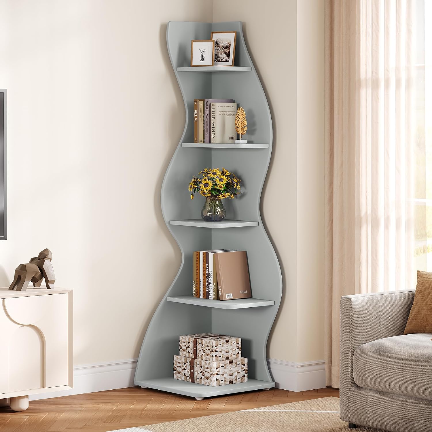 Tribesigns Wavy Corner Shelf Set of 2, Modern 5-Tier Bookshelf Etagere Bookcase with Curvy Shape, Unique Plant Stand Display Shelf for Living Room Small Space (Blue)