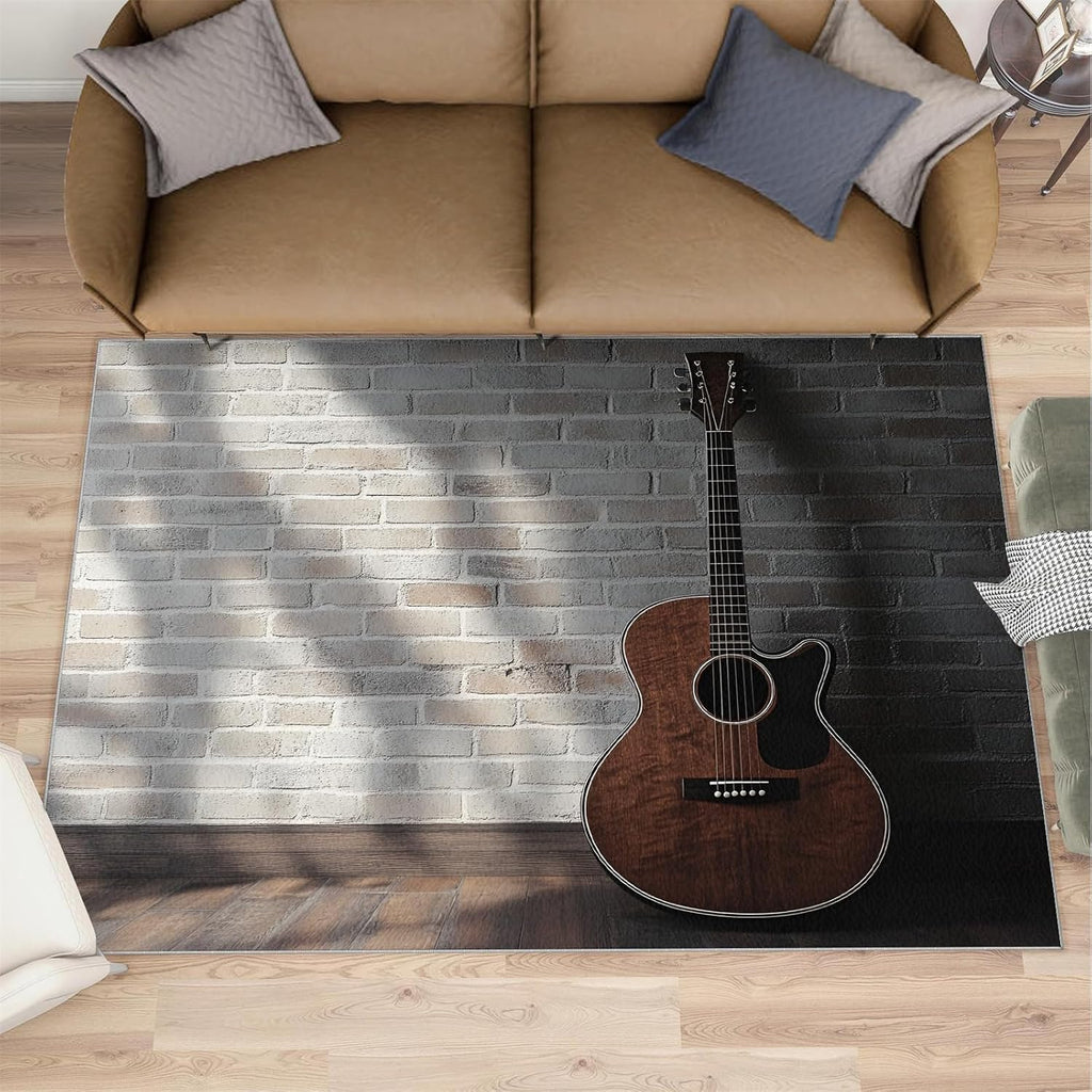 Wooden Guitar Rugs for Bedroom - 5x7 Rug, Brick Wall Area Rugs for Living Room, Vintage Washable Carpet, Music Rug, Boys Room Carpet - Guitar Home Decor & Gift
