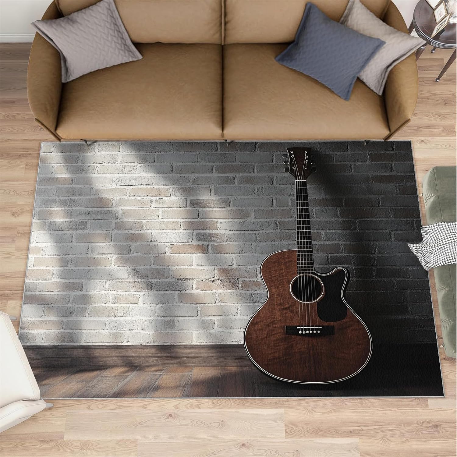 Wooden Guitar Rugs for Bedroom - 5x7 Rug, Brick Wall Area Rugs for Living Room, Vintage Washable Carpet, Music Rug, Boys Room Carpet - Guitar Home Decor & Gift