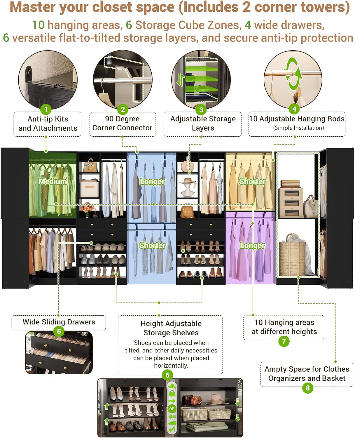 Besiost Closet System with 4 Drawers & Corner Tower, Closet Organizer System with 10 Hanging Robs, Reversible U Shaped Walk-in Closet System, Load 3600+LBS Capacity, Set of 4, Black