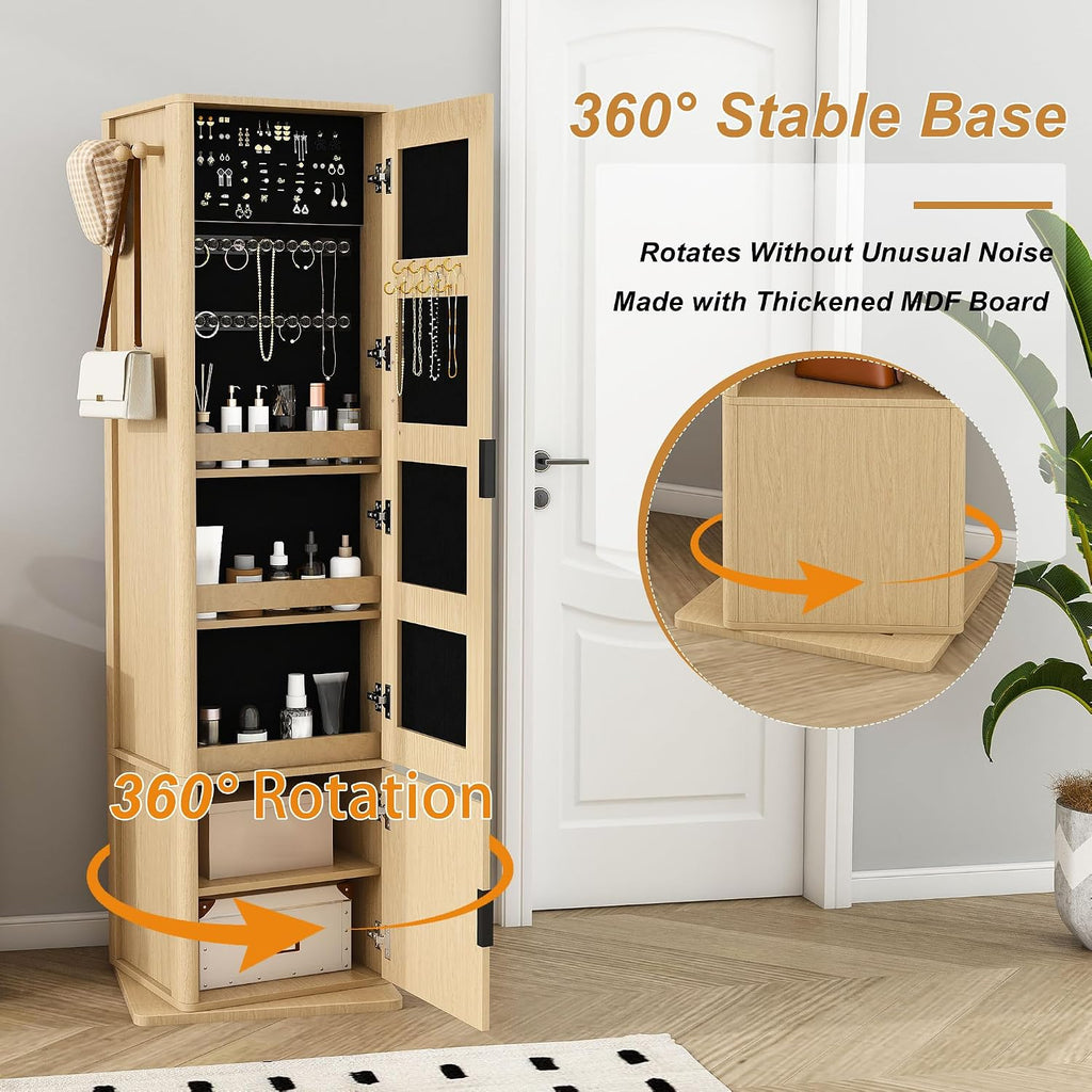 360° Rotating Makeup Storage Cabinet with Full-Length Mirror, Jewelry Armoire Organizer, Freestanding Bookshelf Tower, Coat Hook Stand, Hidden Shelves, Space-Saving Bedroom Furniture (Walnut)