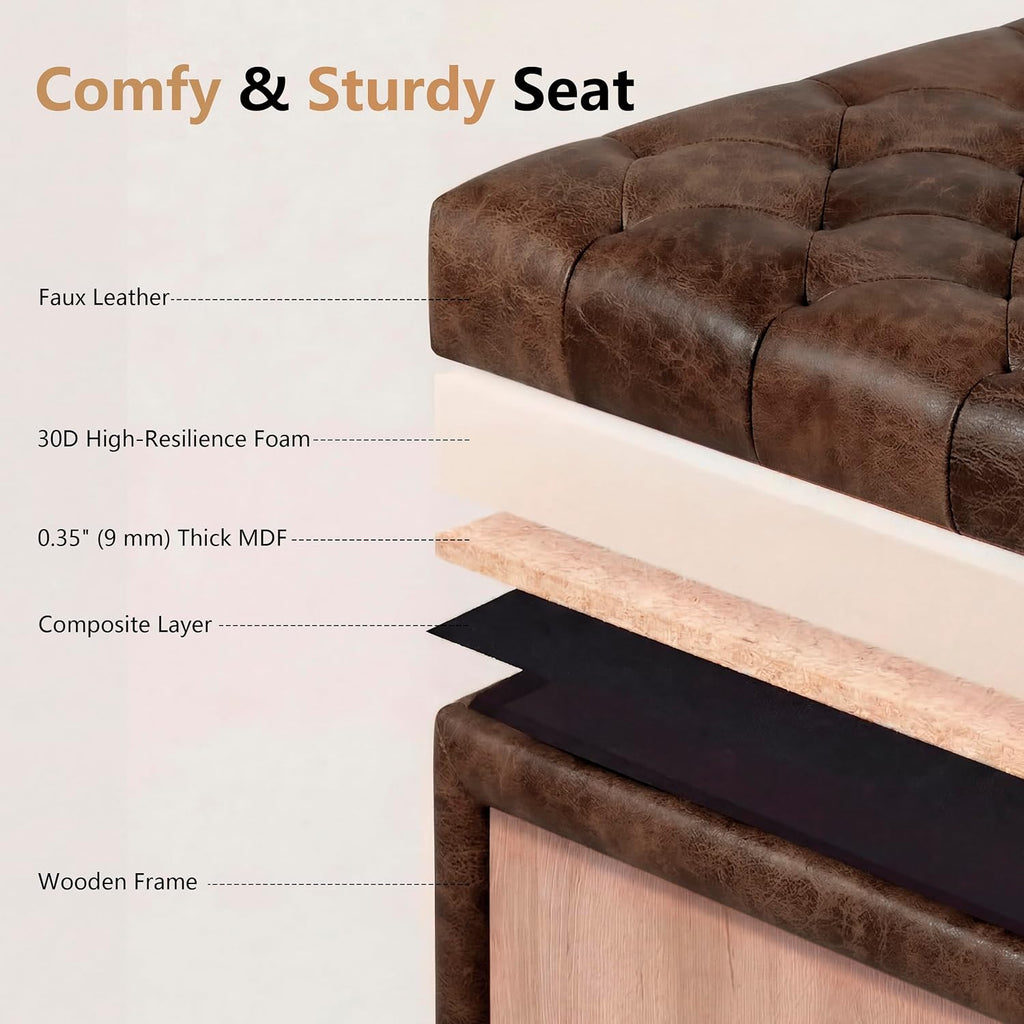 Homebeez Faux Leather Storage Ottoman Bench, Square Coffee Table Footstool Footrest with Wood Legs for Living Room (Distressed Brown)
