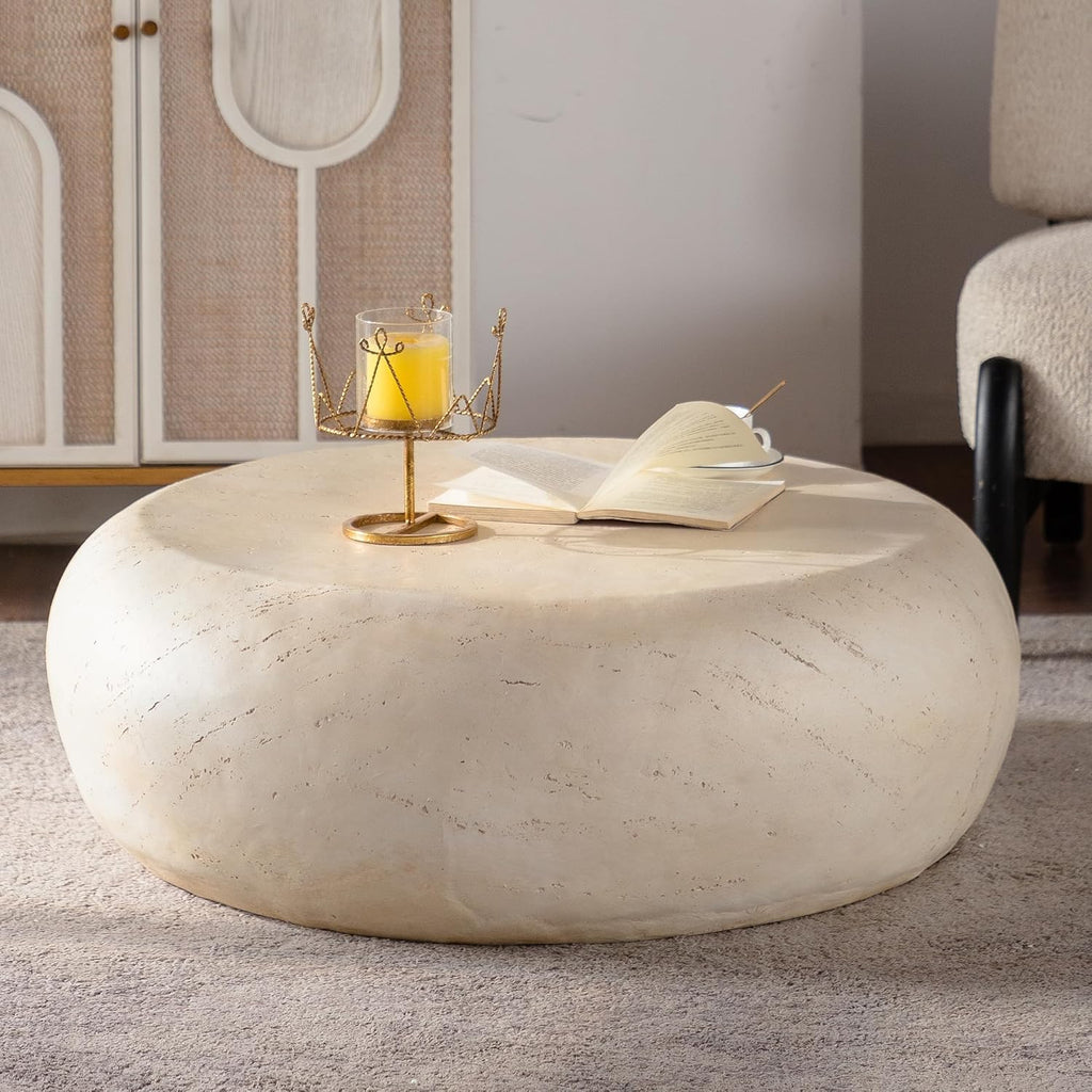 35.43' MgO Round Centre Coffee Table Vintage Faux Stone Sofa Pre-Modern Coffee Tables for Living Room Office Apartment,Beige