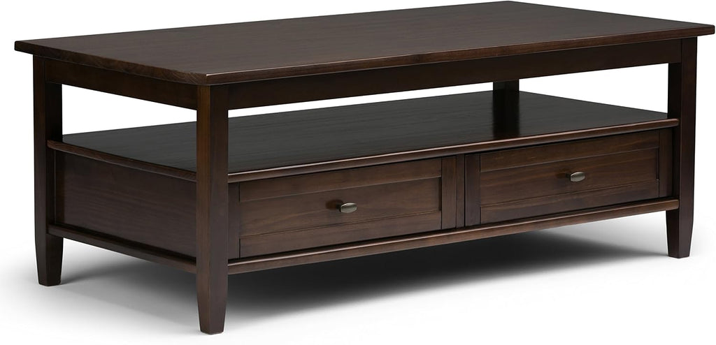 SIMPLIHOME Warm Shaker Coffee Table - 48 inch Wide Solid Wood Coffee Table in Tobacco Brown, Transitional Living Room Table with 2 Drawers, Open Shelf, Shaker Fronts and Tapered Legs
