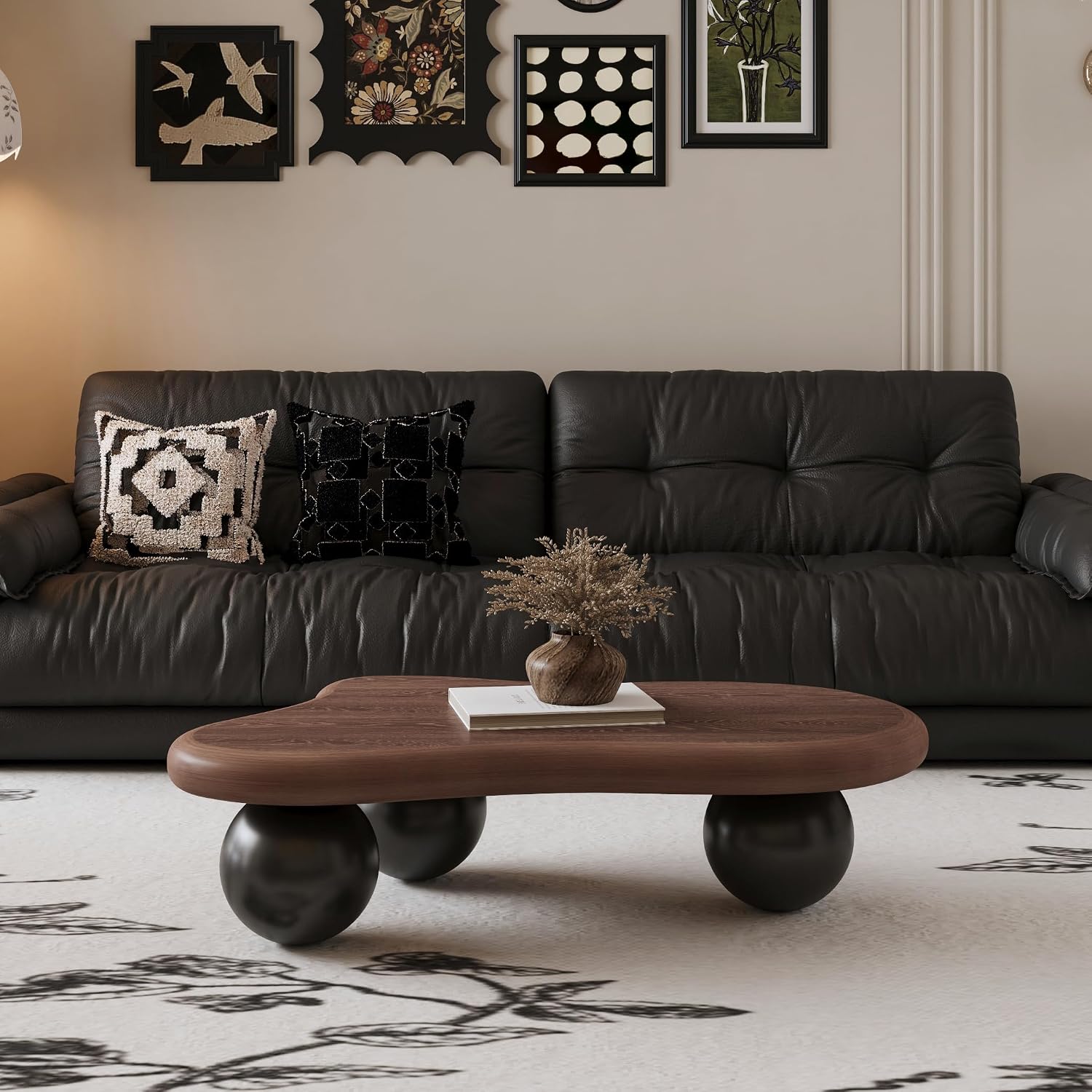 40' Cloud Coffee Table for Living Room Irregular Coffee Table Modern Low Coffee Tables Cute Small Center Table with 3 Ball Legs for Small Space Apartment Walnut & Black