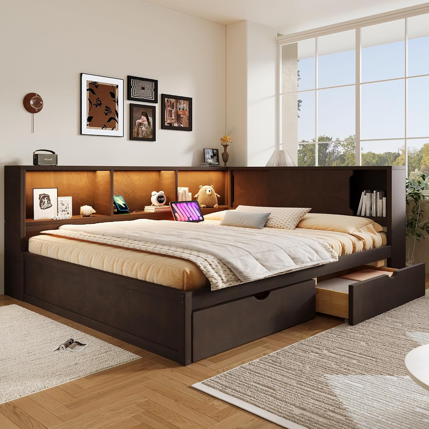 MERITLINE Queen Size Corner Bed with 2 Storage Drawers and Shelves, Wooden Daybed Frame with LED Lights and USB Ports, Modern Teenagers Bedframe, Brown