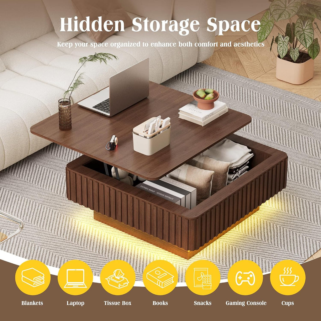 MAGIC UNION 35.4' Square Fluted Lift Top Coffee Table with Storage, Large Mid Century Modern Coffee Table with LED Lights & Charging Station, Center Table for Living Room, Home Office, Walnut