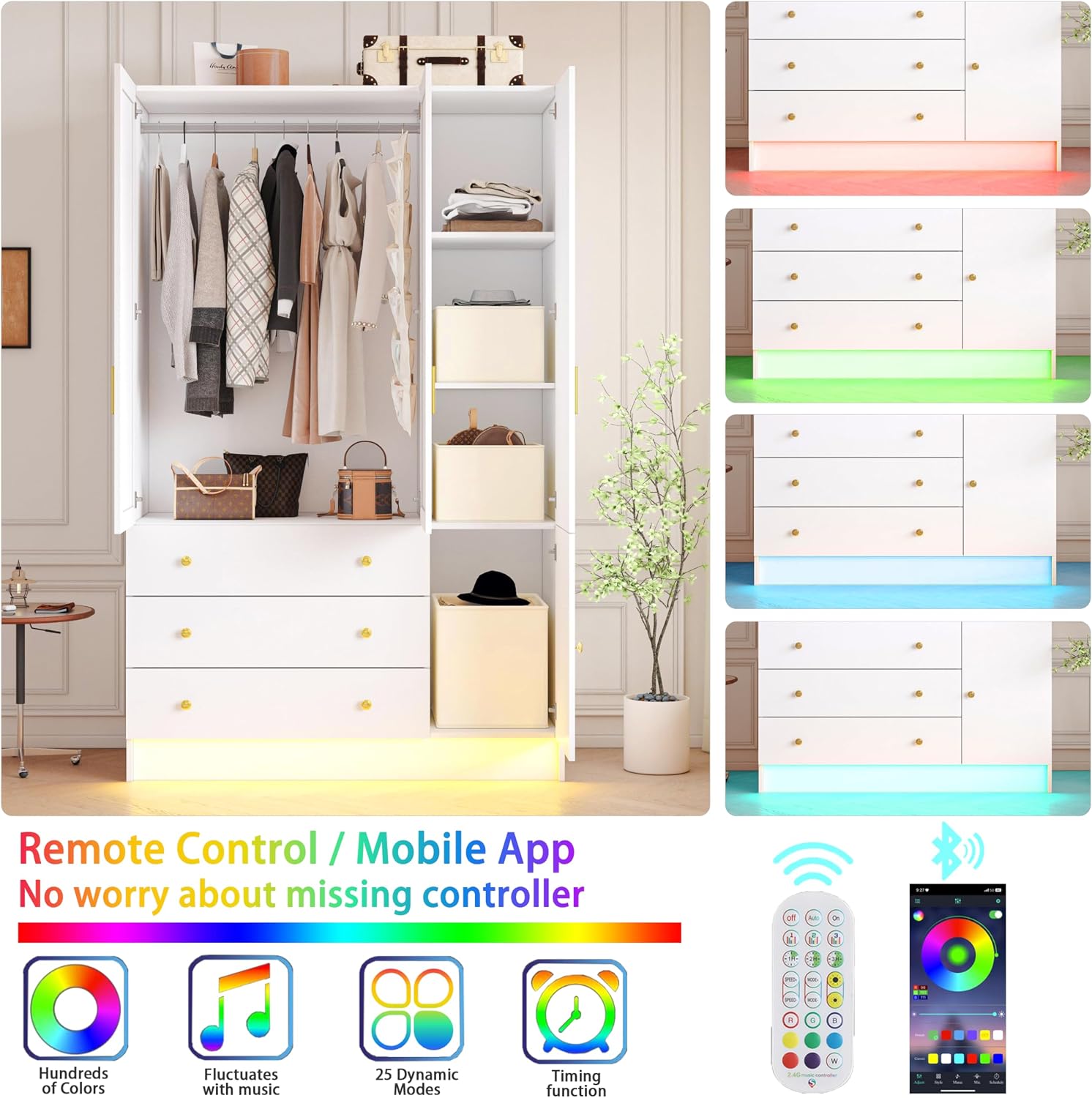 3 Doors LED Wardrobe Closet, 75' Tall Modern Armoire with Mirror & 3 Drawers, Wooden Armoire Wardrobe Closet for Bedroom, Hanging Rod, Freestanding Clothing Storage Cabinet, White