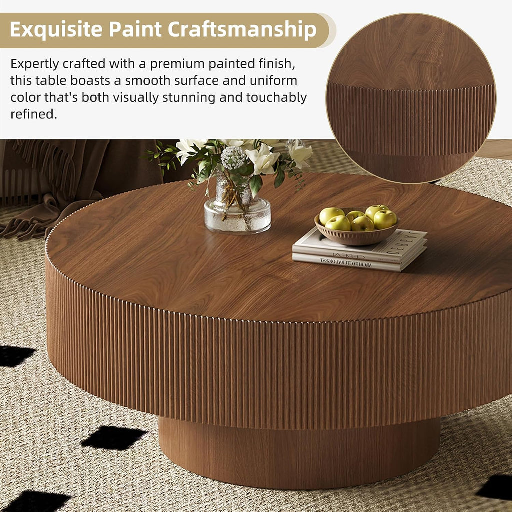 LUMISOL Modern Round Coffee Table for Living Room, Fluted Center Table with Thick Tabletop, Wave Design Drum Tea Tables, Circle End Table with Sturdy Base, 31.5' W*13.7' H, Walnut