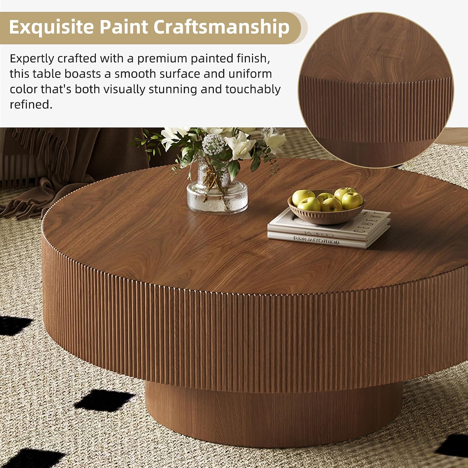 LUMISOL Modern Round Coffee Table for Living Room, Fluted Center Table with Thick Tabletop, Wave Design Drum Tea Tables, Circle End Table with Sturdy Base, 31.5' W*13.7' H, Walnut
