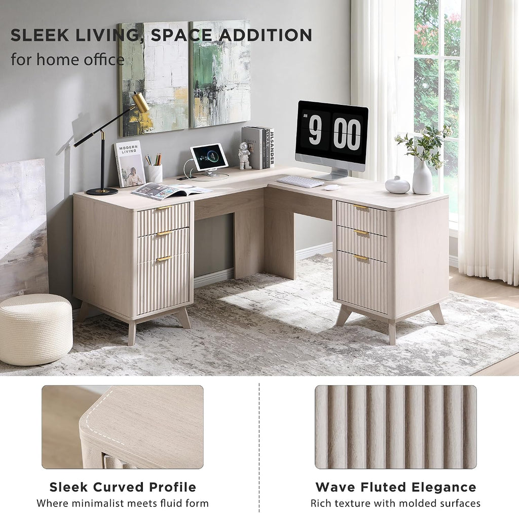 T4TREAM 60' Fluted Executive L Shaped Desk, Modern Home Office Desk with Charging Station and File Drawer, Computer Corner Desks with Drawers & Storage Cabinet for Office Home, Bedroom, Alder White