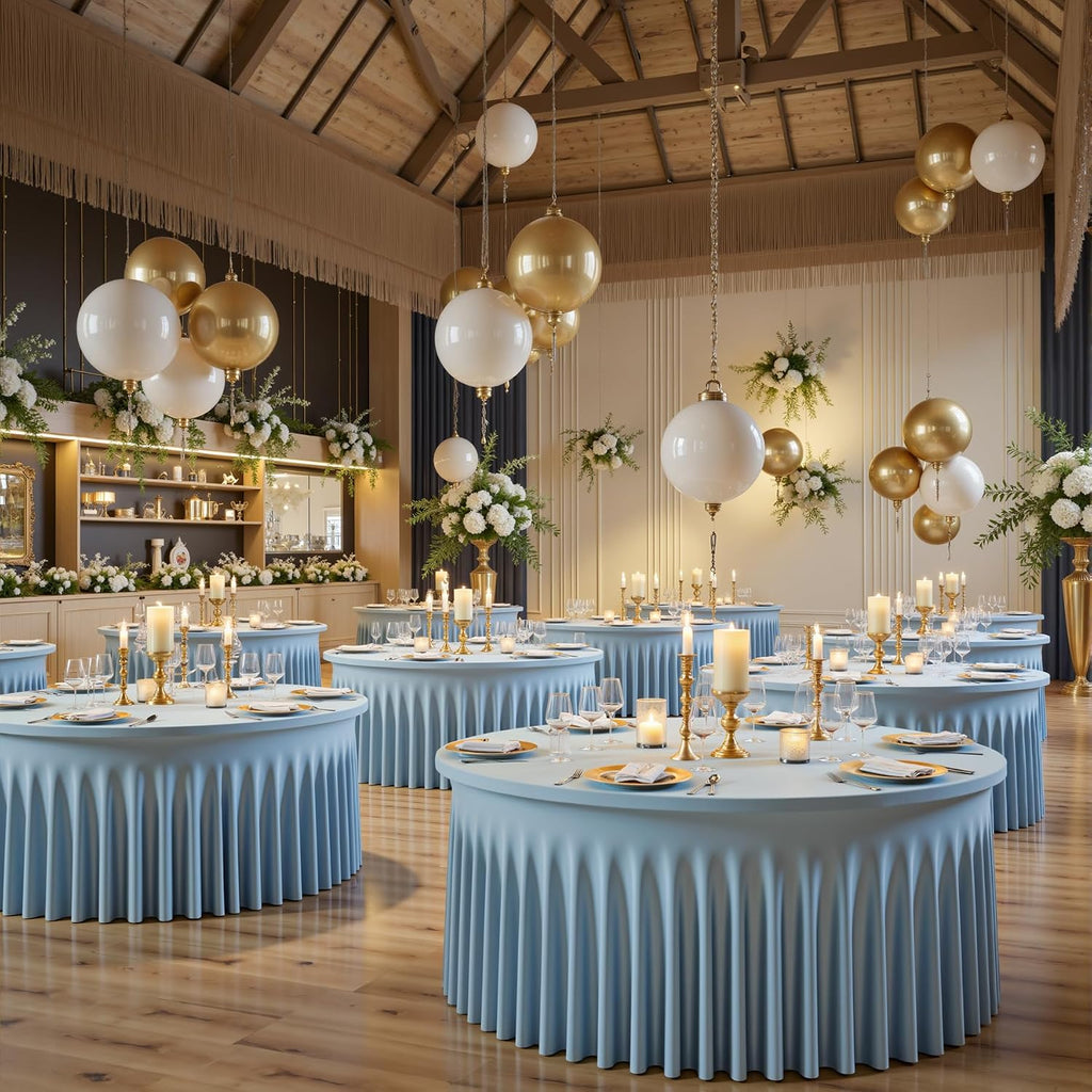 6 Pack Spandex Dusty Blue Round Tablecloths for 60in Tables, Stretchy 120inch Fitted 5FT Round Table Cloths, Wrinkle Free Table Cover with Skirt for Wedding Birthday Party Bridal Shower Banquet