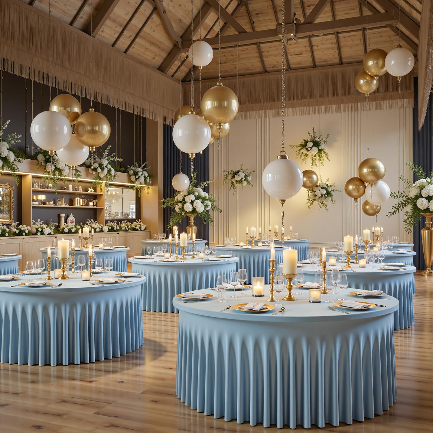 6 Pack Spandex Dusty Blue Round Tablecloths for 60in Tables, Stretchy 120inch Fitted 5FT Round Table Cloths, Wrinkle Free Table Cover with Skirt for Wedding Birthday Party Bridal Shower Banquet