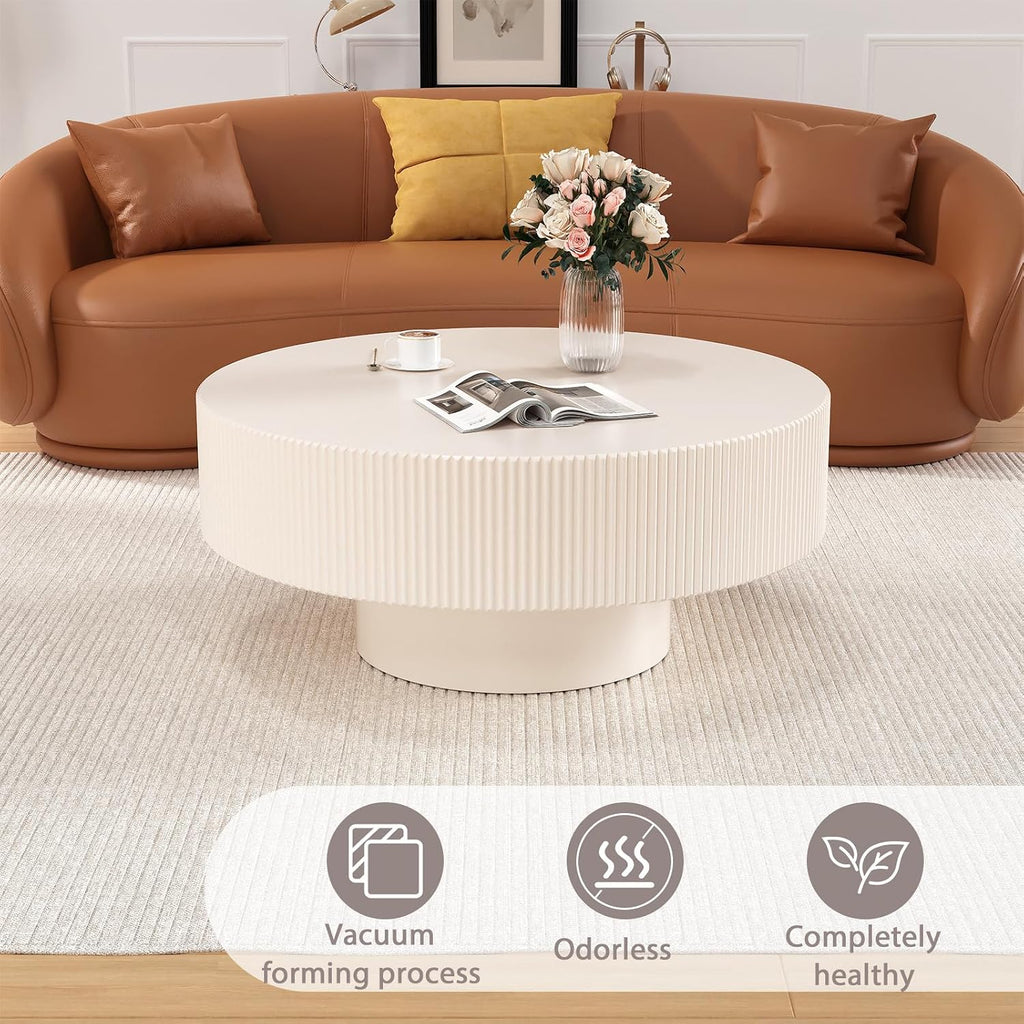 Round Drum Coffee Table Modern Unique Round Fluted Coffee Tables Farmhouse Fluted Circle Center Table Accent Tea Table with Sturdy Pedestal for Living Room Reception Room (White 31 inch)