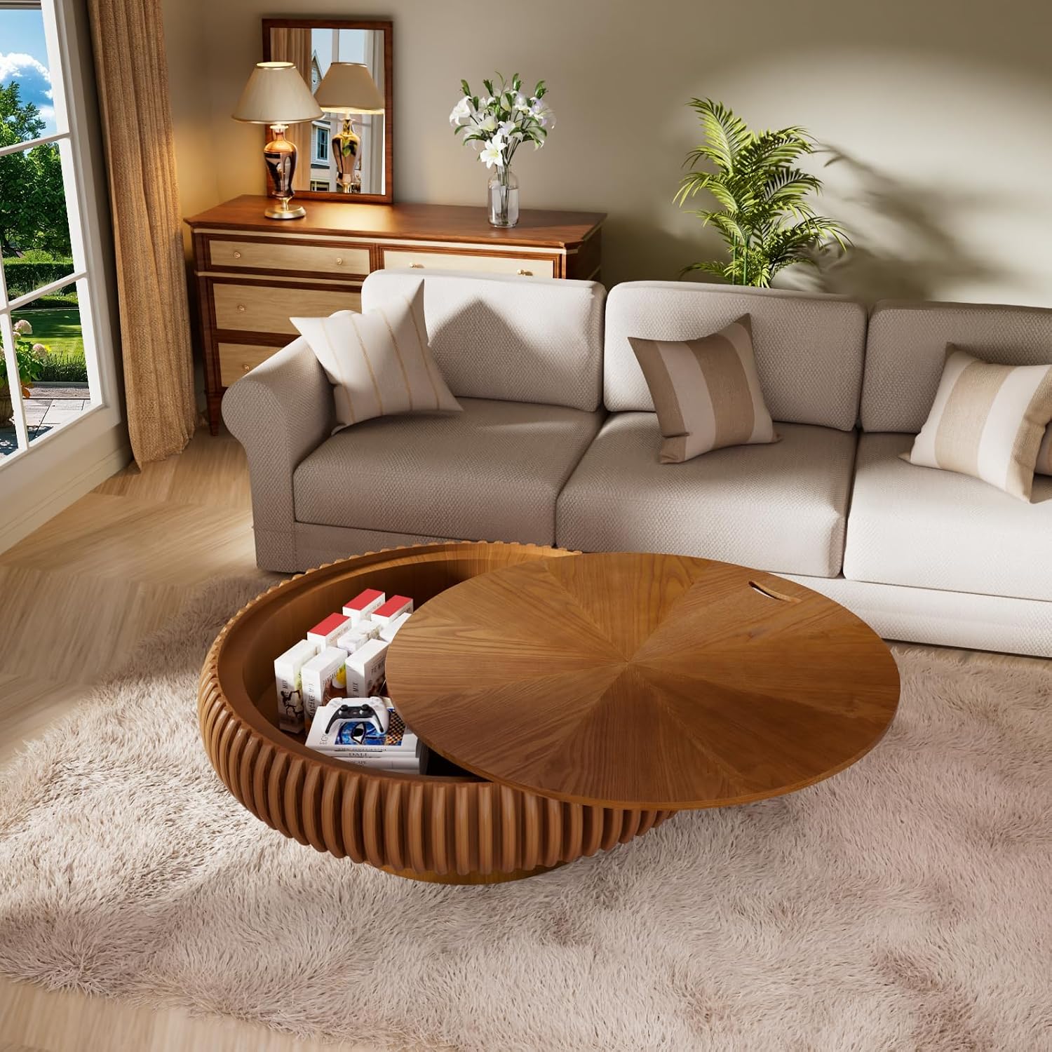 39.37'' Round Fluted Coffee Table with Storage, Modern Wooden Drum Coffee Table, Circle Center Table Accent Tea Table with Sturdy Pedestal for Living Room Apartment Small Space (39.37' Storage Brown)