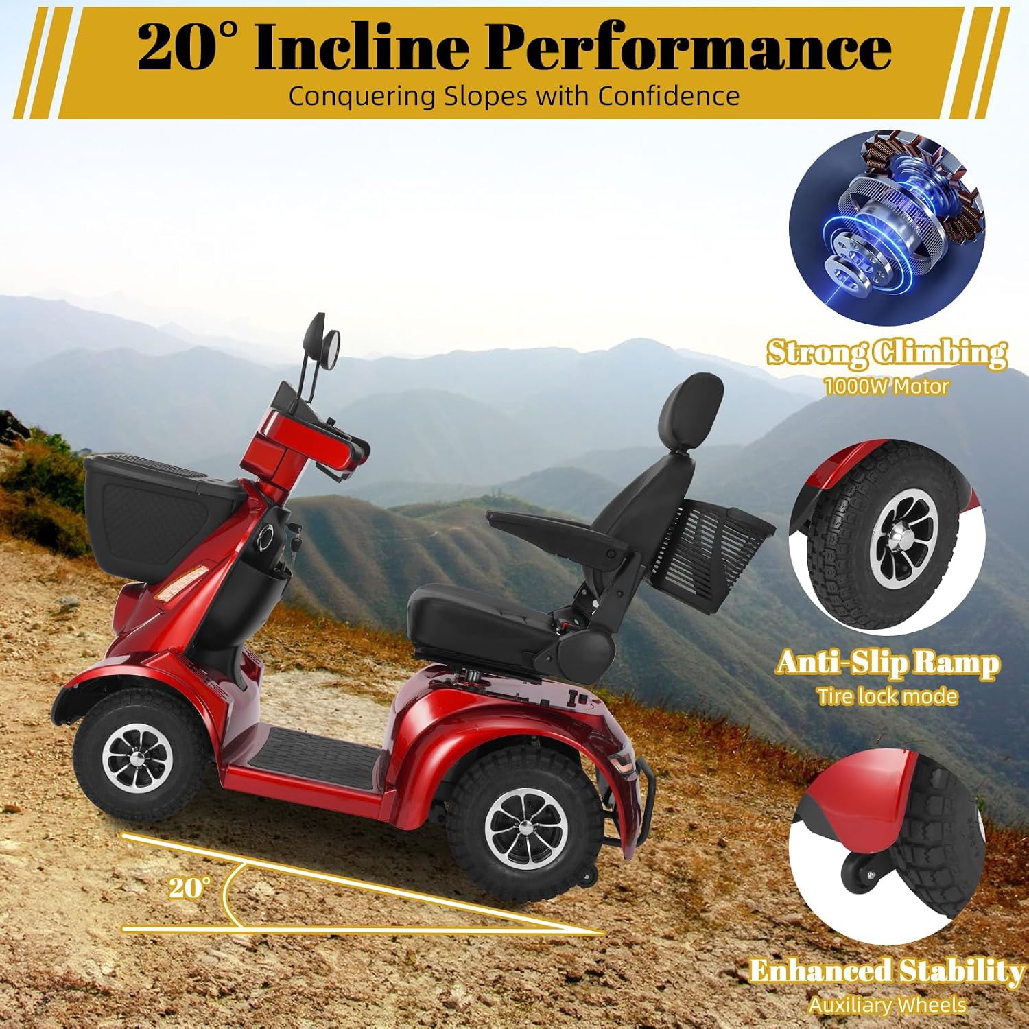 MS02 MAX All Terrain 1000W Electric Mobility Scooter for Adults& Seniors - 500LBS Load & 32 Miles Range Powerd Wheelchair Device w/Off-Road Absorber, Bluetooth Speaker, Dual Baskets, LED Light System