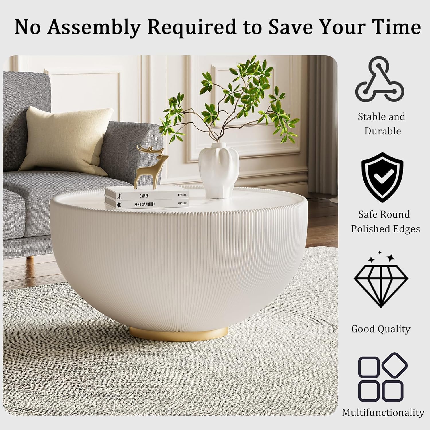 White Round Coffee Table with Sintered Stone Tabletop, 27.56' Drum Coffee Table with Fluted PU Leather Covered and Metal Base, Circle Cocktail Tea Table for Living Room