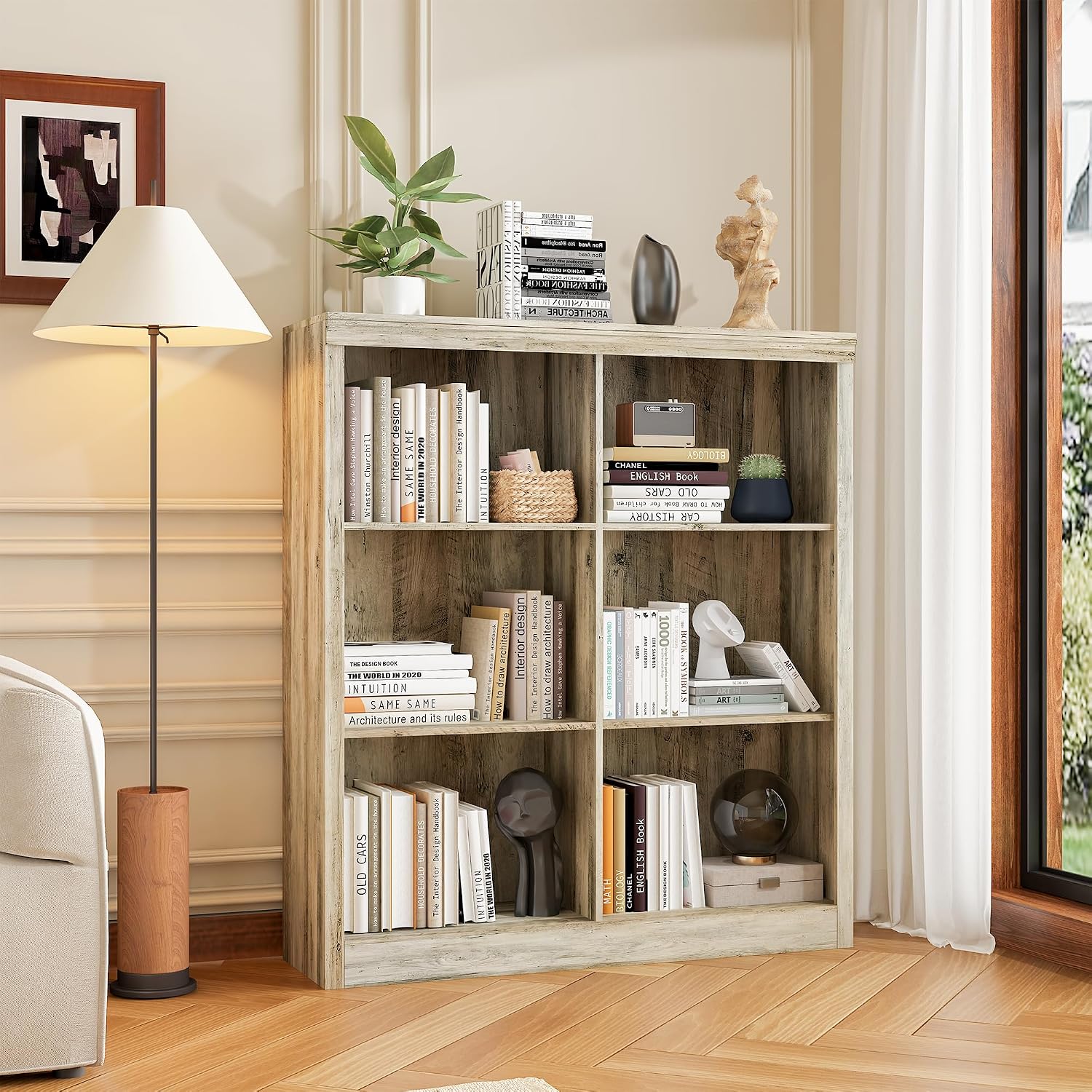 GarveeHome 6 Cube Storage Organizer, 53 Inch Tall Bookcase with Anti-Tip Design, Sturdy Wooden Bookshelf for Living Room, Bedroom, Home Office, Ivory White Cube Shelf