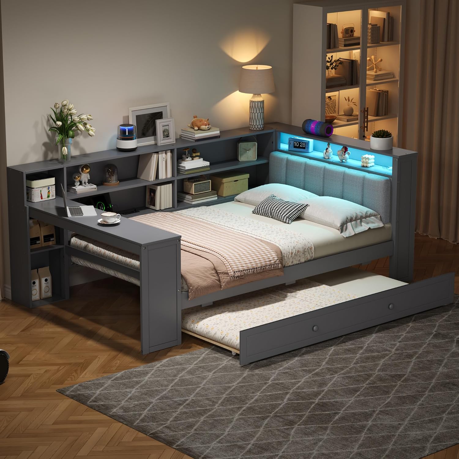 Merax Multifunctional Twin Size Daybed with Trundle, Built-in Desk, Wood Corner Bed with 8 Storage Shelves, Charging Station, and Upholstered Headboard, Grey