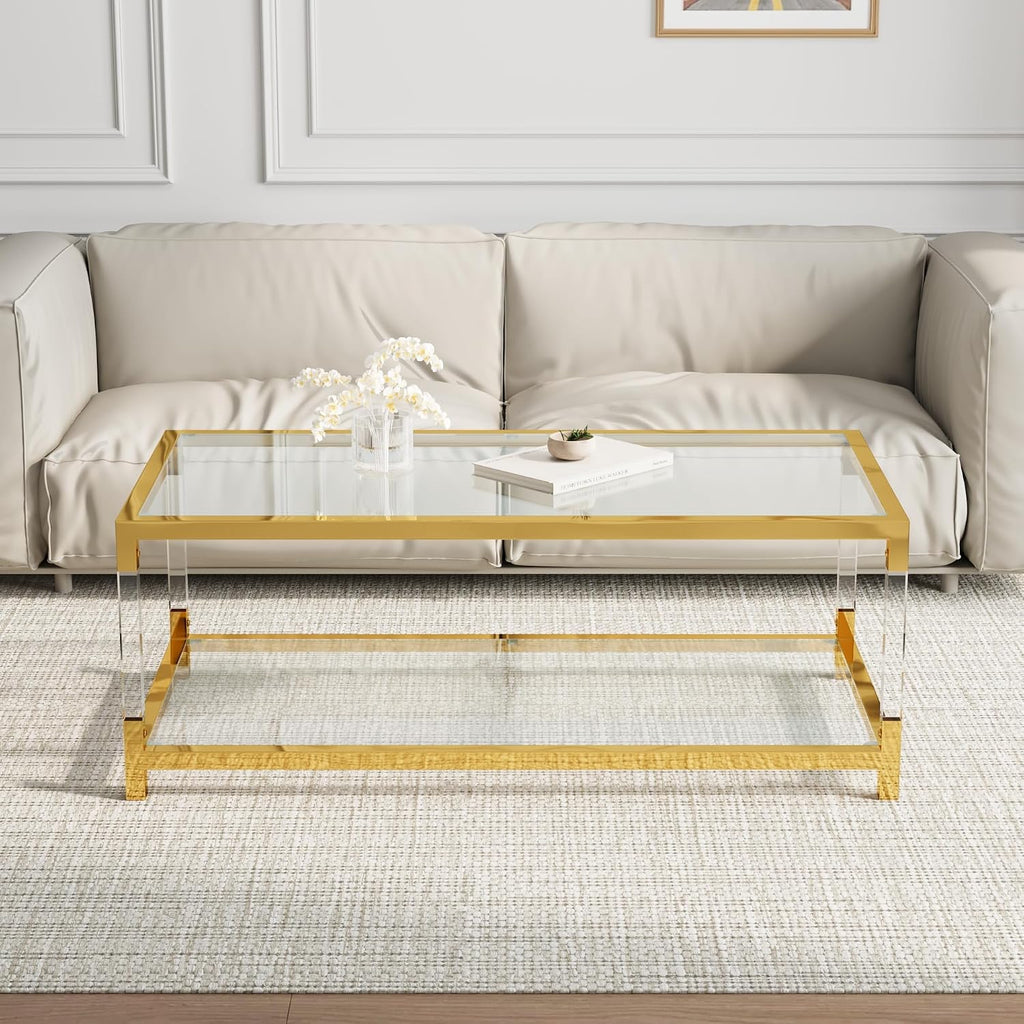 Glass Coffee Table, Modern Glass Table, Gold Rectangular Center Table, Glass Top & Acrylic Legs 2-Tier Storage for Home Living Office (Gold, 47.2'')