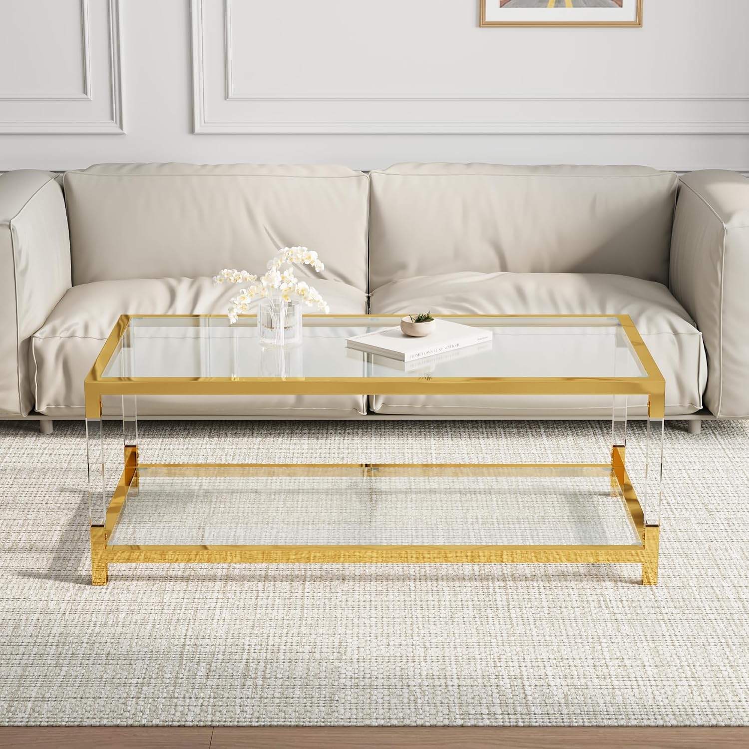 Glass Coffee Table, Modern Glass Table, Gold Rectangular Center Table, Glass Top & Acrylic Legs 2-Tier Storage for Home Living Office (Gold, 47.2'')