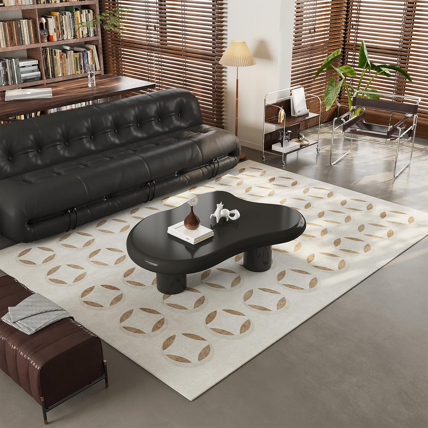 46.06' Cloud Shape Coffee Table, Modern Round Edge Black Coffee Table with 3 Sturdy Support Legs and 3.14' Thick Tabletop for Living Room, Bedroom