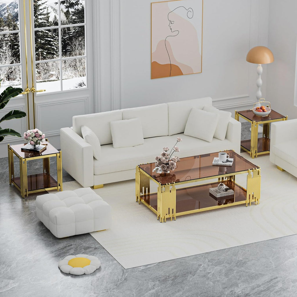 Brown Glass Coffee Table Modern Gold Living Room Table Luxury Stainless Steel Metal Leg 43' Rectangular Tempered Glass Center Tables for Home Office