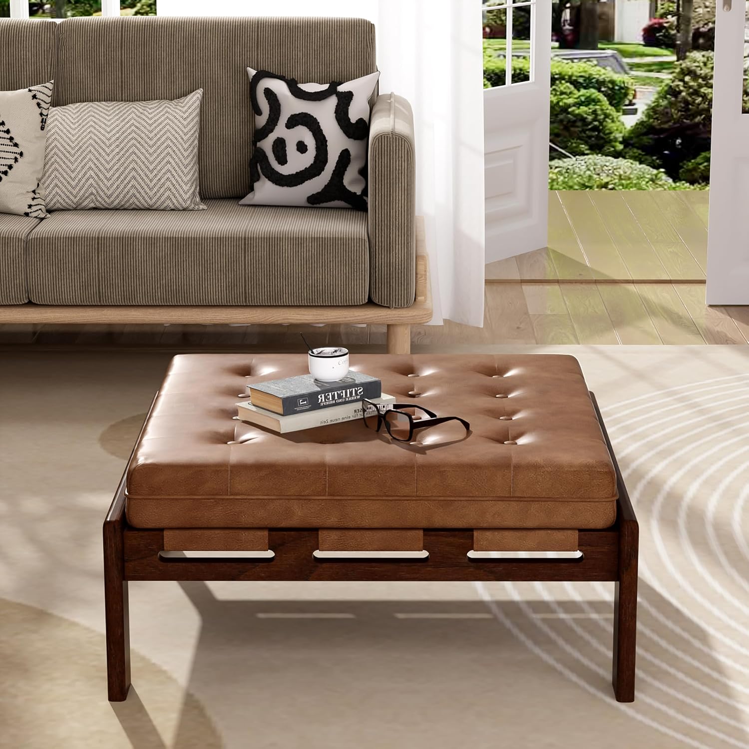 Merax 34'' Tufted Upholstered Cocktail Ottoman, Square Leather Ottoman Coffee Table, PU Leather Ottoman for Living Room, Bedroom, Office,Brown