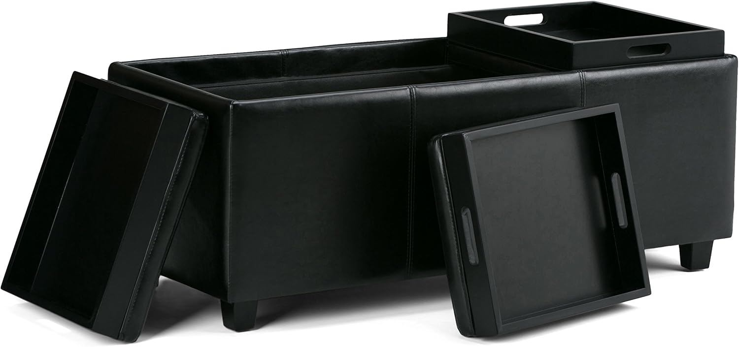 SIMPLIHOME Avalon Storage Ottoman - 42 inch Wide Upholstered Vegan Leather Rectangular Flip-Top Ottoman in Midnight Black, Contemporary Storage Coffee Table Ottoman for Living Room with Hidden Storage