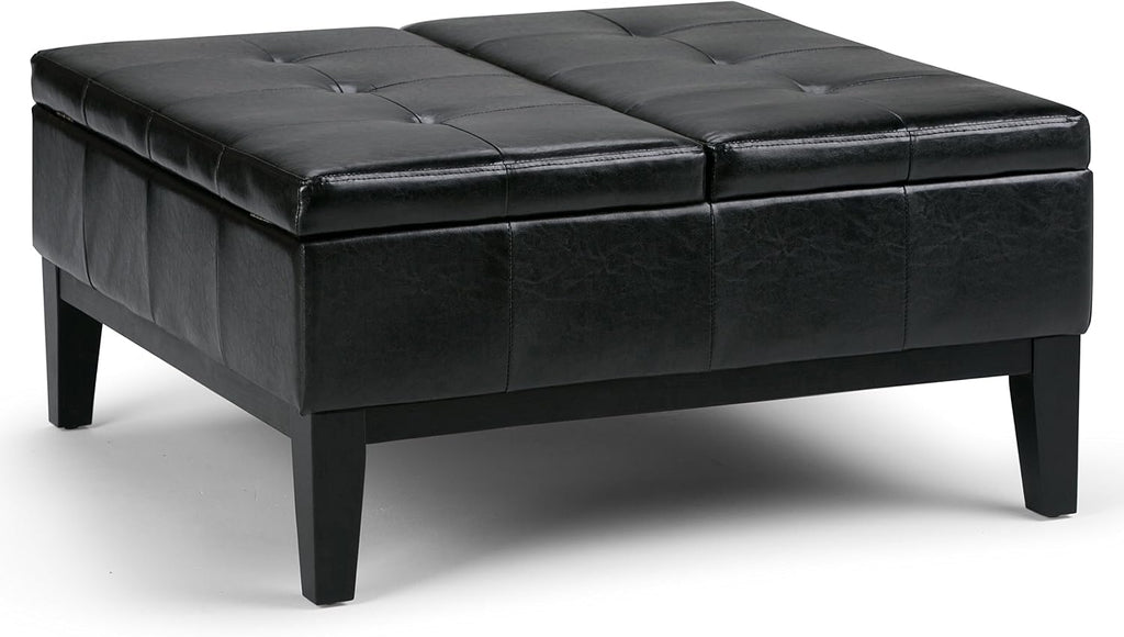 SIMPLIHOME Dover 36 inch Wide Contemporary Square Coffee Table Storage Ottoman in Midnight Black Vegan Faux Leather, Assembled, For the Living Room and Bedroom