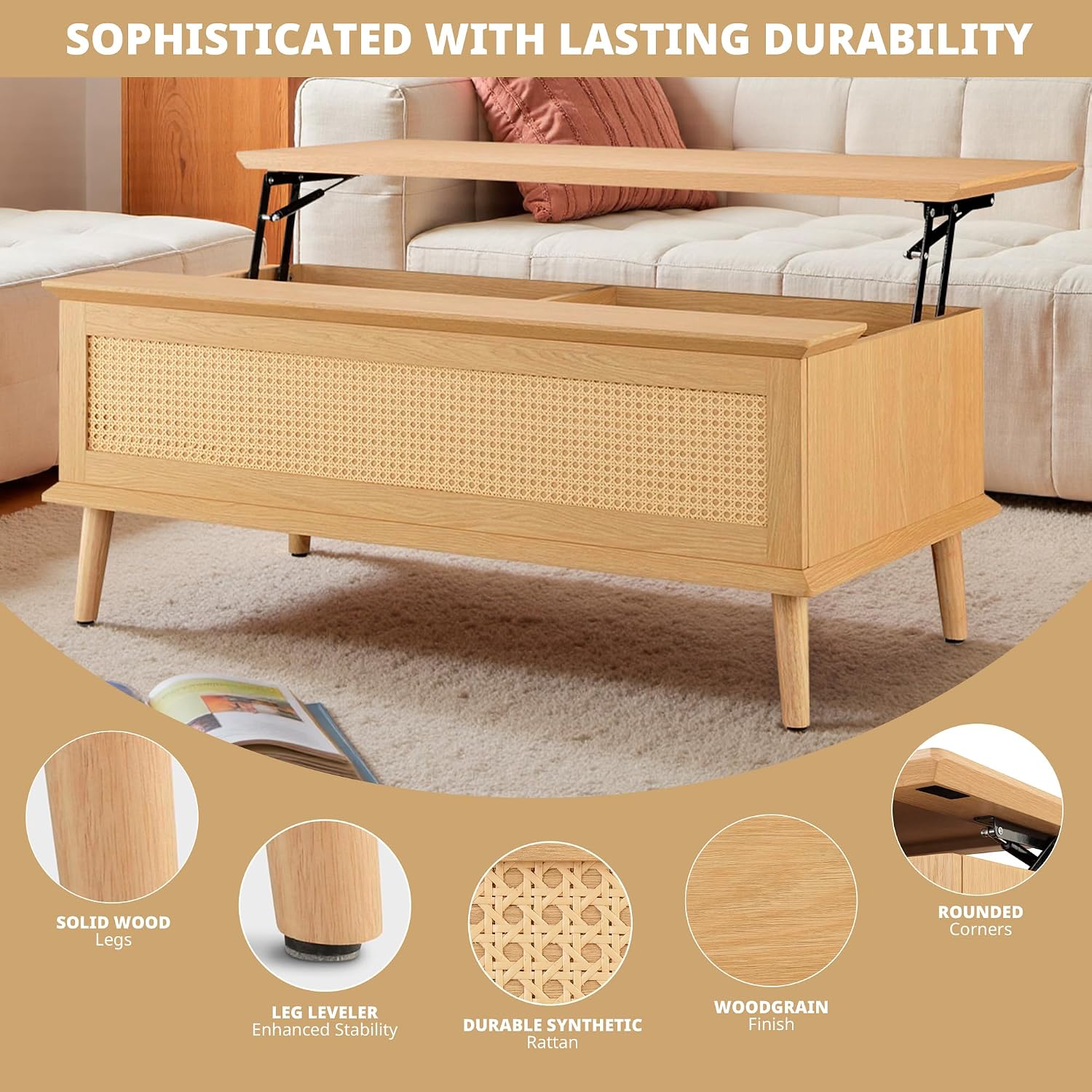 Ink+Ivy Solid Wood Lift Top Coffee Table with Storage Compartments and Large Shelves, Handwoven Rattan Accent Sides, Oak Wood Grain Coffee Tables for Home Living Room Natural