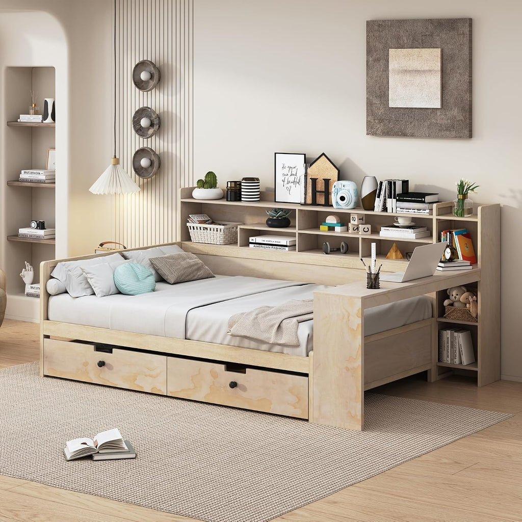 SOFTSEA Full Size Daybed with Storage Bookcase & Drawers, Wood Daybed with Study Desk and Storage Shelves for Kids Teens Adults, Full Corner Bed Frame with Storage Headboard, Antique Natural