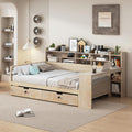 SOFTSEA Full Size Daybed with Storage Bookcase & Drawers, Wood Daybed with Study Desk and Storage Shelves for Kids Teens Adults, Full Corner Bed Frame with Storage Headboard, Antique Natural