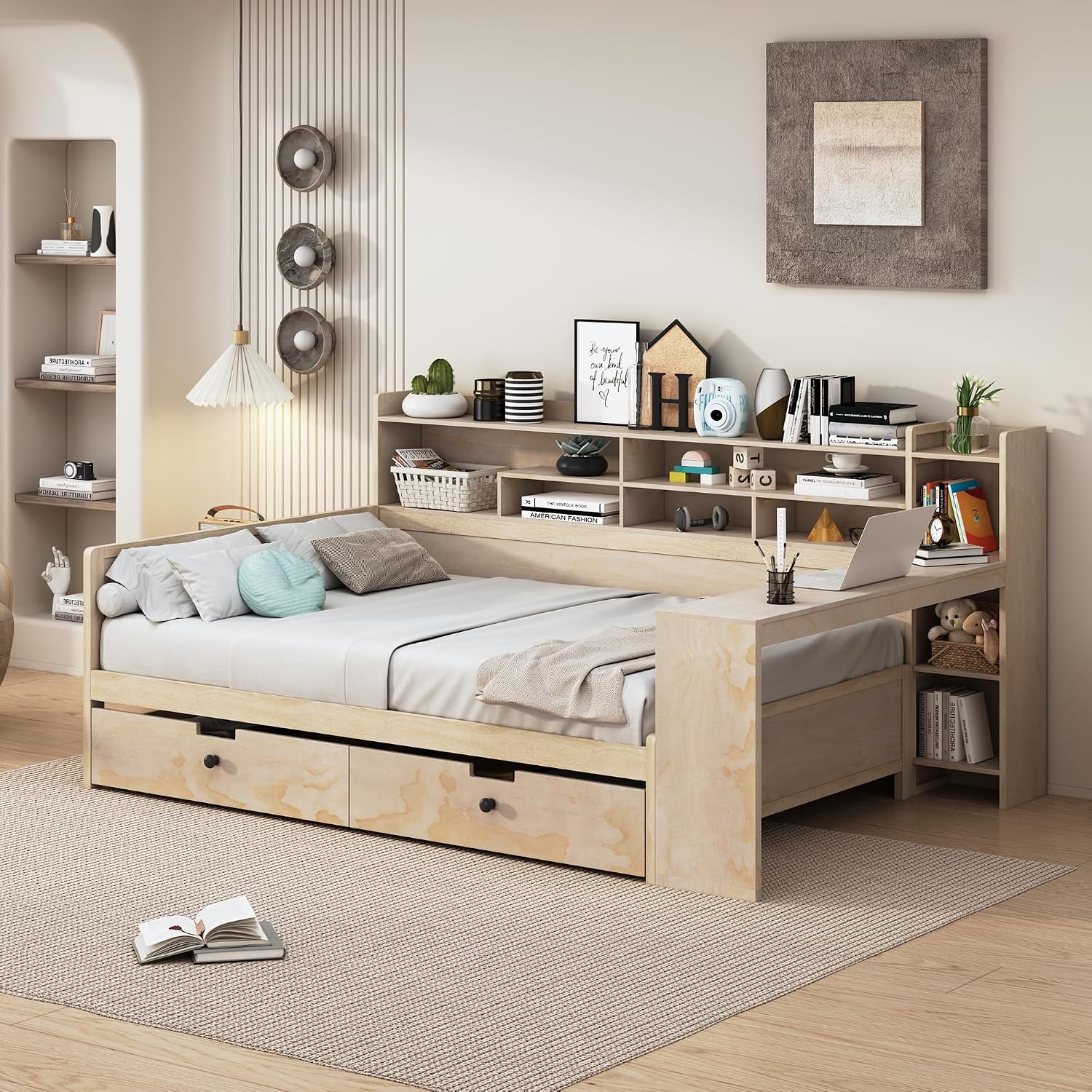 SOFTSEA Full Size Daybed with Storage Bookcase & Drawers, Wood Daybed with Study Desk and Storage Shelves for Kids Teens Adults, Full Corner Bed Frame with Storage Headboard, Antique Natural