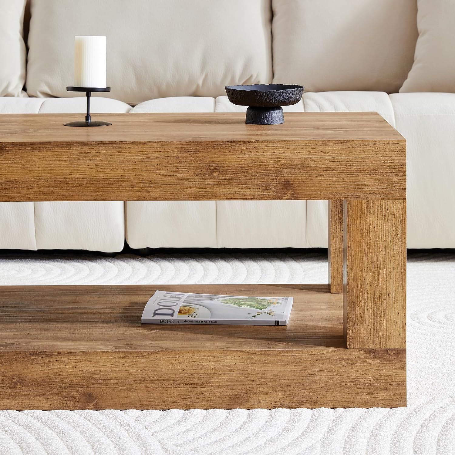 39.4' Coffee Table with Storage, 2-Tier Wood Coffee Table with 4' Thick Tabletop, Mid Century Modern Cocktail Center Tea Tables with Bottom Shelf for Living Room, Office, Apartment,Natural Wood