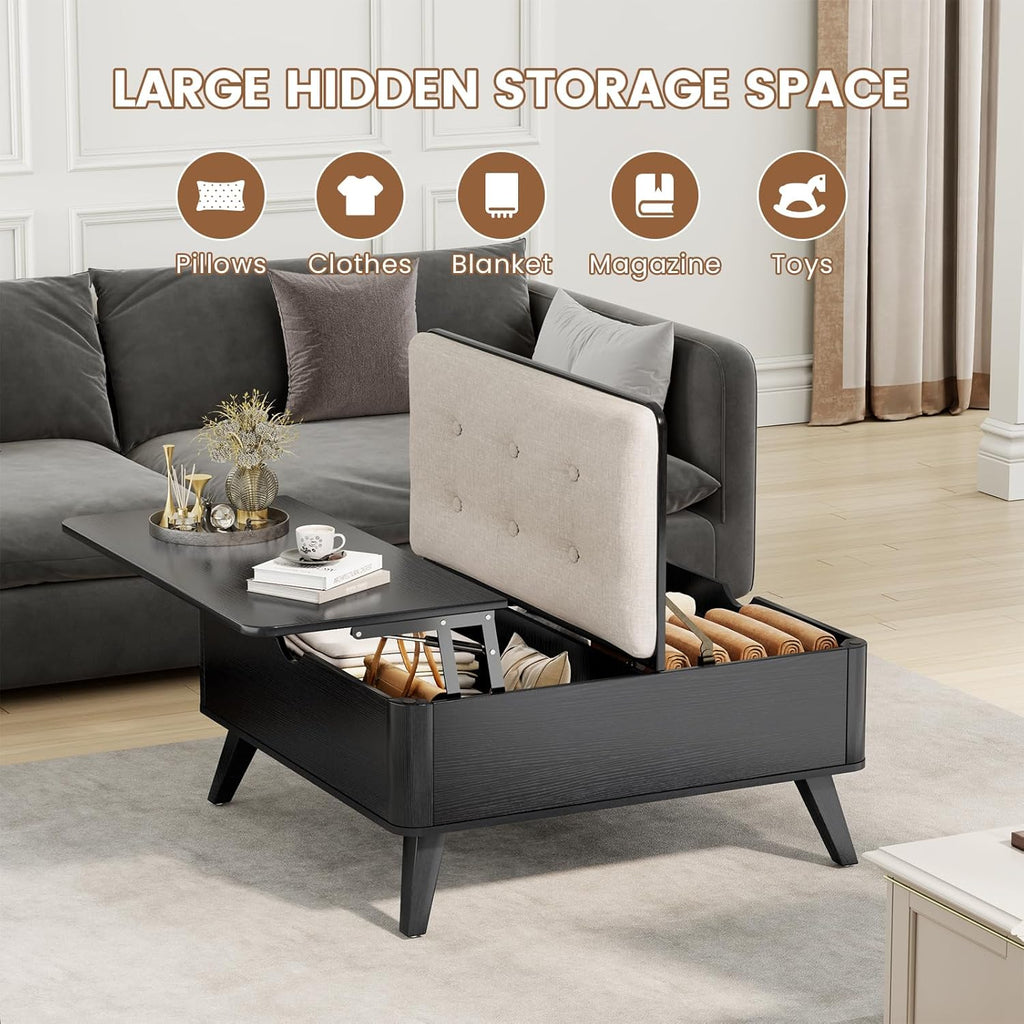 VOPEAK Lift Top Coffee Table with Storage, Large Square Coffee Table with Thickened Cushion, Family Gathering Center Table, Modern Wooden Coffee Tables for Living Room, Solid Wood Legs, Black