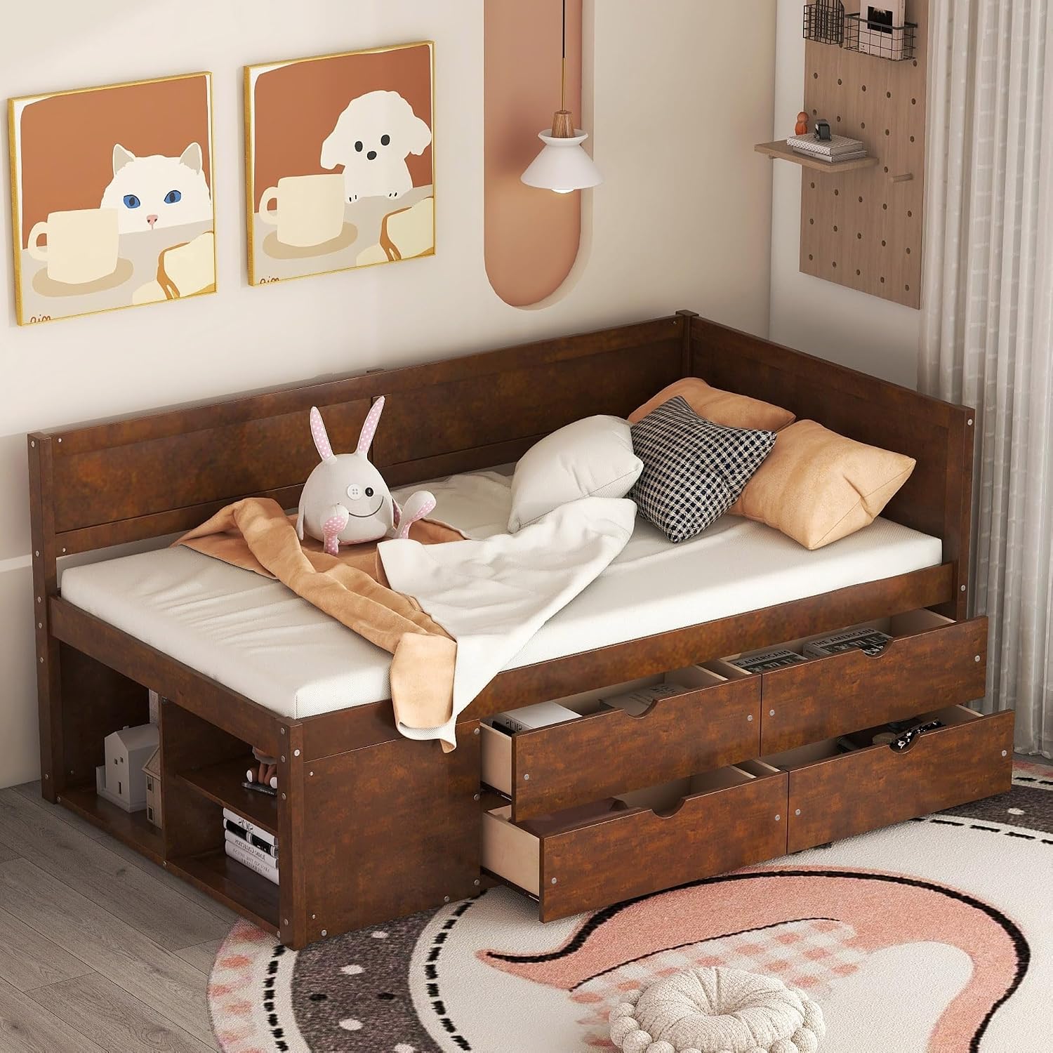 Twin Size Daybed with Storage Drawers and Shelves,Wooden L-Shaped Corner Day Bed with Headboard & Bookcase for Boys,Girls,Small Room, Guest Room, kids'Room,Walnut