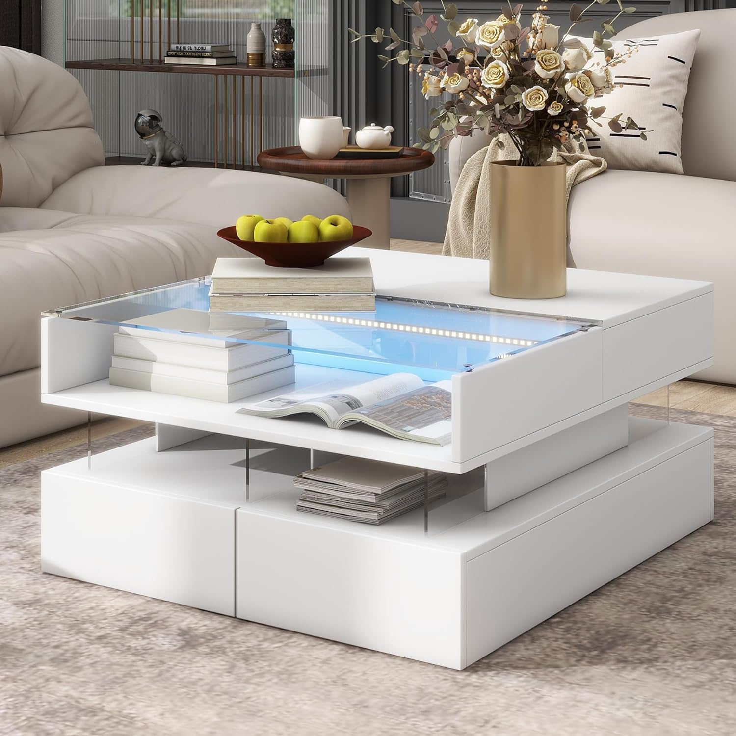 High Gloss LED Square Coffee Table 29.5-Inch Modern Lift-Top Center Cocktail Table with Storage & Glass Top for Living Room, White