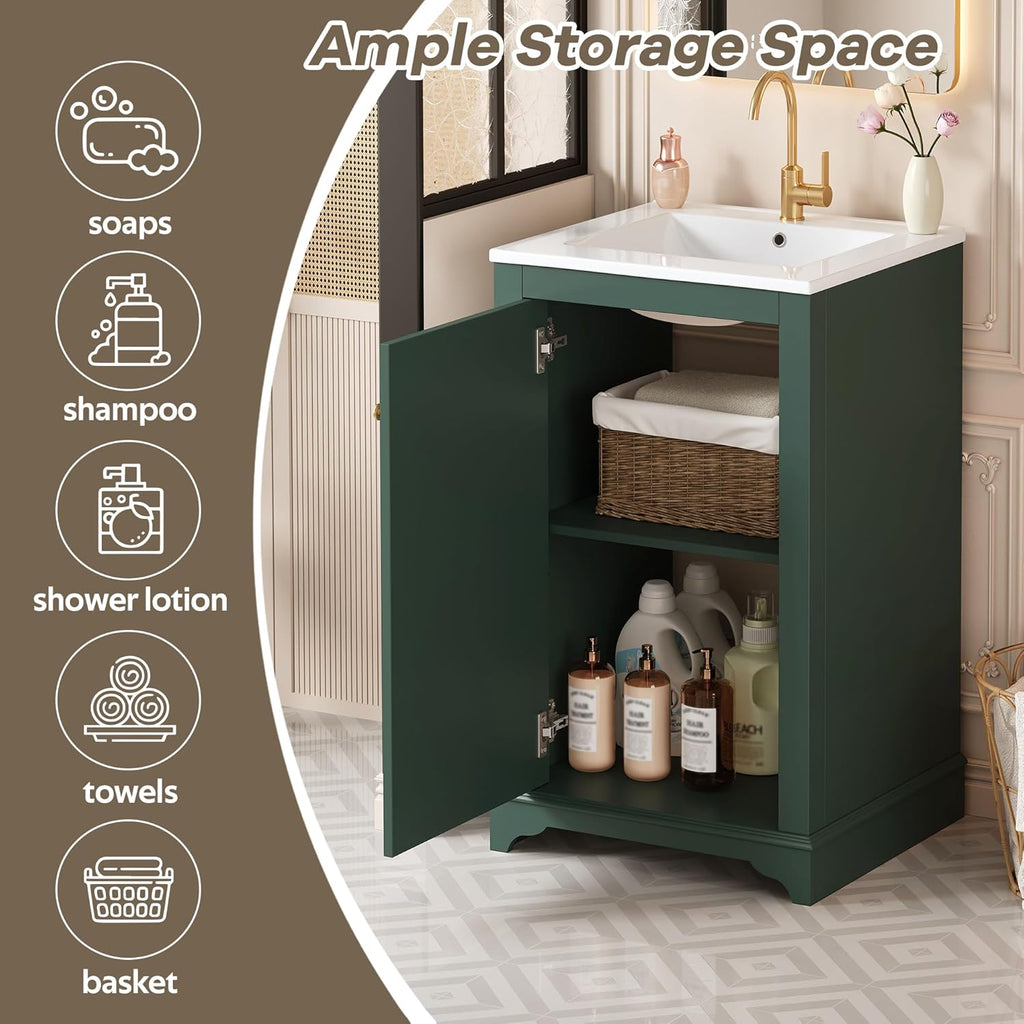 Merax 20' Narrow Bathroom Vanity with Ceramic Sink, Freetanding Modern Single Vanity Set with Soft Closing Door and Adjustable Shelf (Green)